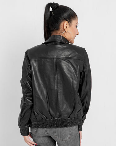 Annamaria Accent Cropped Black Leather Bomber Jacket - Back