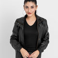 Annamaria Accent Cropped Black Leather Bomber Jacket - Front Open