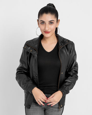 Annamaria Accent Cropped Black Leather Bomber Jacket - Front Open