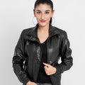 Annamaria Accent Cropped Black Leather Bomber Jacket - Front