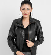 Annamaria Accent Cropped Black Leather Bomber Jacket - Front