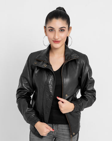 Annamaria Accent Cropped Black Leather Bomber Jacket - Front