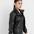 Annamaria Accent Cropped Black Leather Bomber Jacket - Left