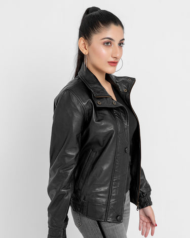 Annamaria Accent Cropped Black Leather Bomber Jacket - Left