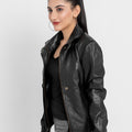 Annamaria Accent Cropped Black Leather Bomber Jacket - Right