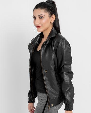 Annamaria Accent Cropped Black Leather Bomber Jacket - Right