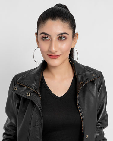 Annamaria Accent Cropped Black Leather Bomber Jacket - Zoomed