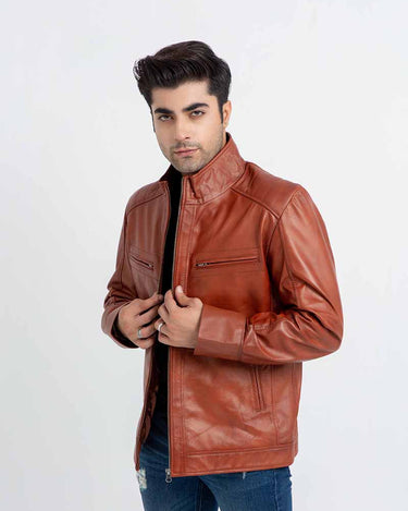 Anslem Hand-Waxed Brown Leather Biker Jacket - Front