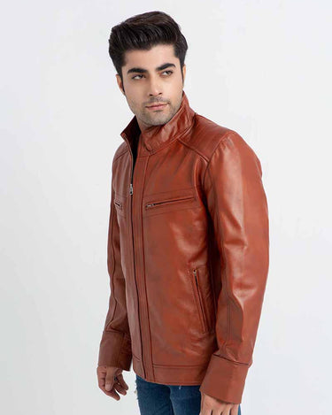 Anslem Hand-Waxed Brown Leather Biker Jacket - Right