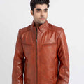 Anslem Hand-Waxed Brown Leather Biker Jacket - Zipped