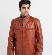 Anslem Hand-Waxed Brown Leather Biker Jacket - Zipped