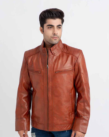 Anslem Hand-Waxed Brown Leather Biker Jacket - Zipped