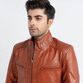 Anslem Hand-Waxed Brown Leather Biker Jacket - Zoom