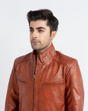 Anslem Hand-Waxed Brown Leather Biker Jacket - Zoom