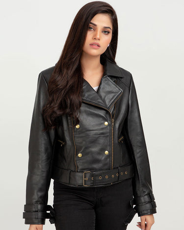 Arabella Moto Black Leather Jacket - Front