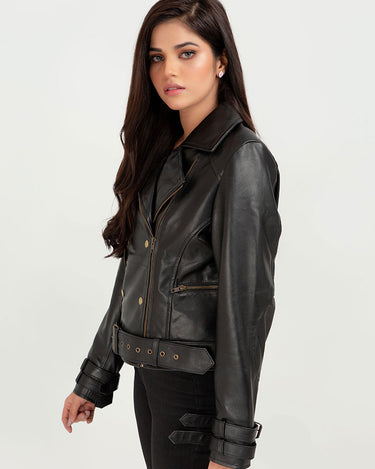 Arabella Moto Black Leather Jacket - Left