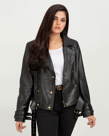 Arabella Moto Black Leather Jacket - Open Front