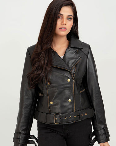 Arabella Moto Black Leather Jacket - Zoom