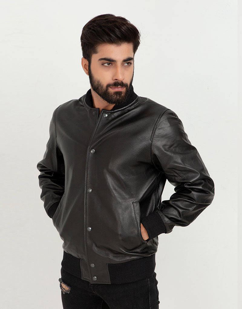 Archer Black Bomber Leather Contemporary Jacket - Buttoned