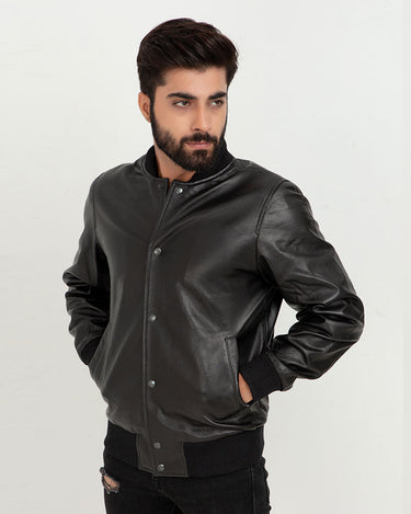 Archer Black Bomber Leather Contemporary Jacket - Buttoned