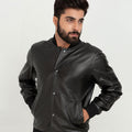 Archer Black Bomber Leather Contemporary Jacket - Front Buttoned