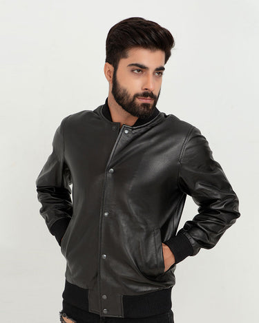 Archer Black Bomber Leather Contemporary Jacket - Front Buttoned