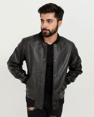 Archer Black Bomber Leather Contemporary Jacket - Front