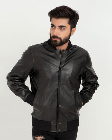 Archer Black Bomber Leather Contemporary Jacket - Zoom