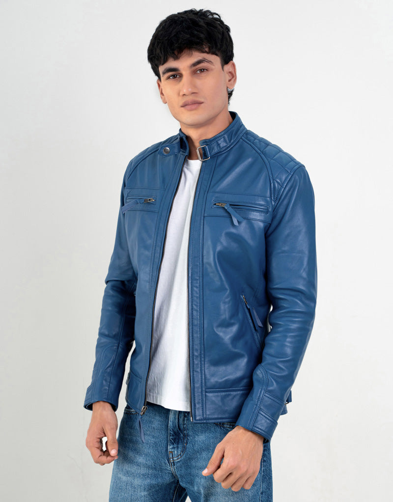 Archer Blue Café Racer Leather Jacket