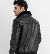 Arctic Wool Embellished Buffer Black Bomber Aviator Jacket - Back