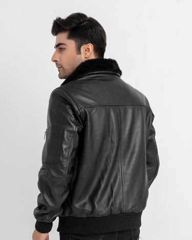 Arctic Wool Embellished Buffer Black Bomber Aviator Jacket - Back