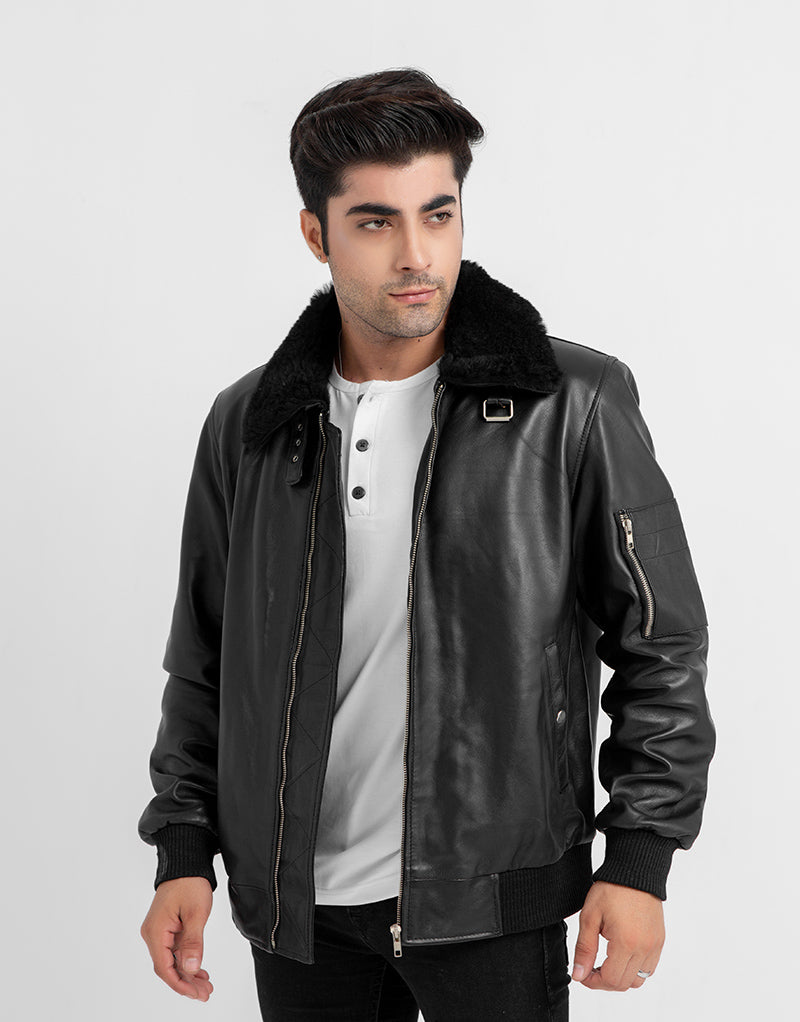 Arctic Wool Embellished Buffer Black Bomber Aviator Jacket - Front