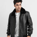 Arctic Wool Embellished Buffer Black Bomber Aviator Jacket - Front