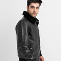 Arctic Wool Embellished Buffer Black Bomber Aviator Jacket - Left