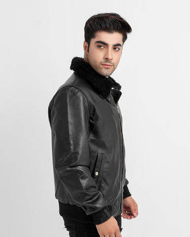 Arctic Wool Embellished Buffer Black Bomber Aviator Jacket - Left