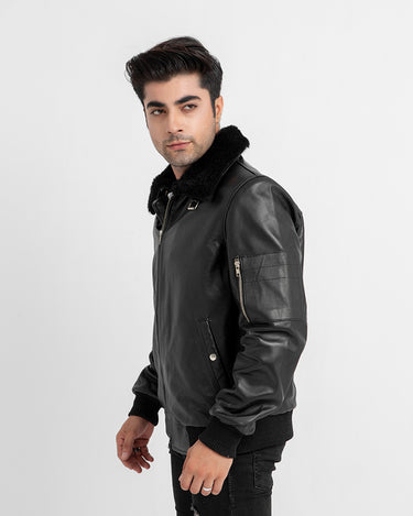 Arctic Wool Embellished Buffer Black Bomber Aviator Jacket - Right