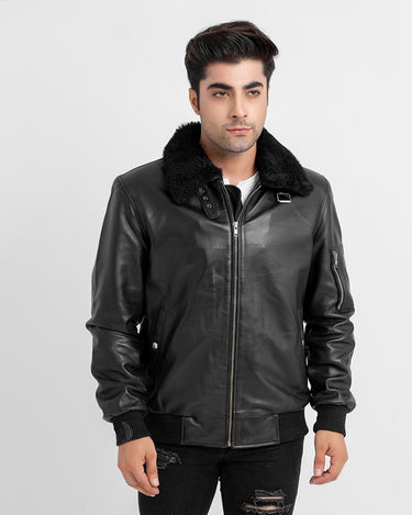 Arctic Wool Embellished Buffer Black Bomber Aviator Jacket - Zipped