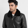 Arctic Wool Embellished Buffer Black Bomber Aviator Jacket - Zoom