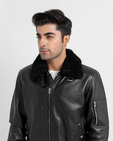 Arctic Wool Embellished Buffer Black Bomber Aviator Jacket - Zoom