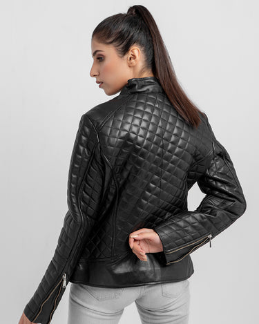 Aria Bodyfit Black Leather Biker Jacket - Back