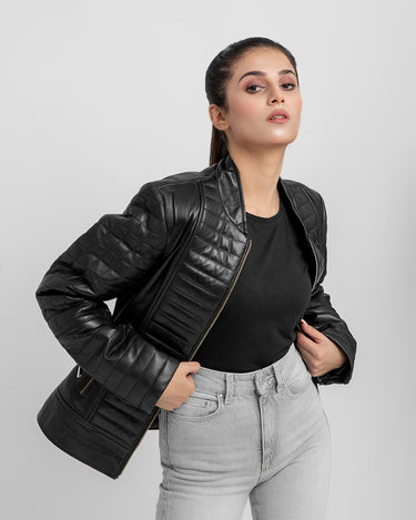 Aria Bodyfit Black Leather Biker Jacket - Front