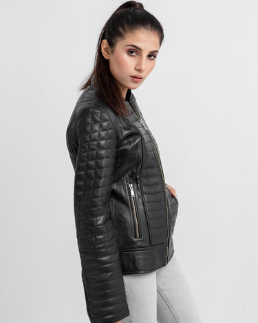 Aria Bodyfit Black Leather Biker Jacket - Left