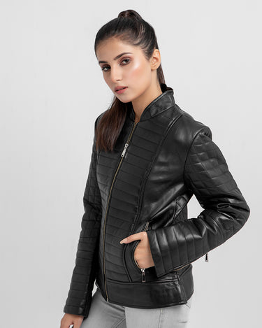 Aria Bodyfit Black Leather Biker Jacket - Right