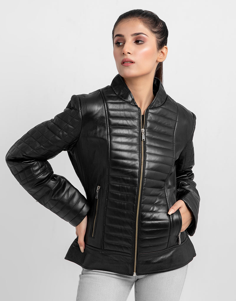 Aria Bodyfit Black Leather Biker Jacket - Zipped