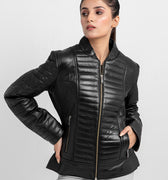 Aria Bodyfit Black Leather Biker Jacket - Zipped