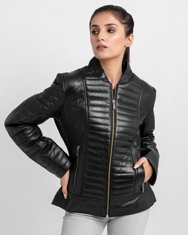 Aria Bodyfit Black Leather Biker Jacket - Zipped