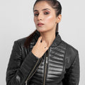 Aria Bodyfit Black Leather Biker Jacket - Zoomed