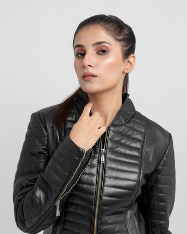 Aria Bodyfit Black Leather Biker Jacket - Zoomed