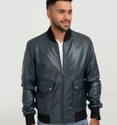 Armin Blue Bomber Aviator Leather Jacket - Front