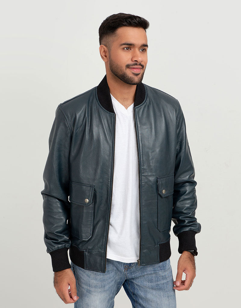 Armin Blue Bomber Aviator Leather Jacket - Open Font